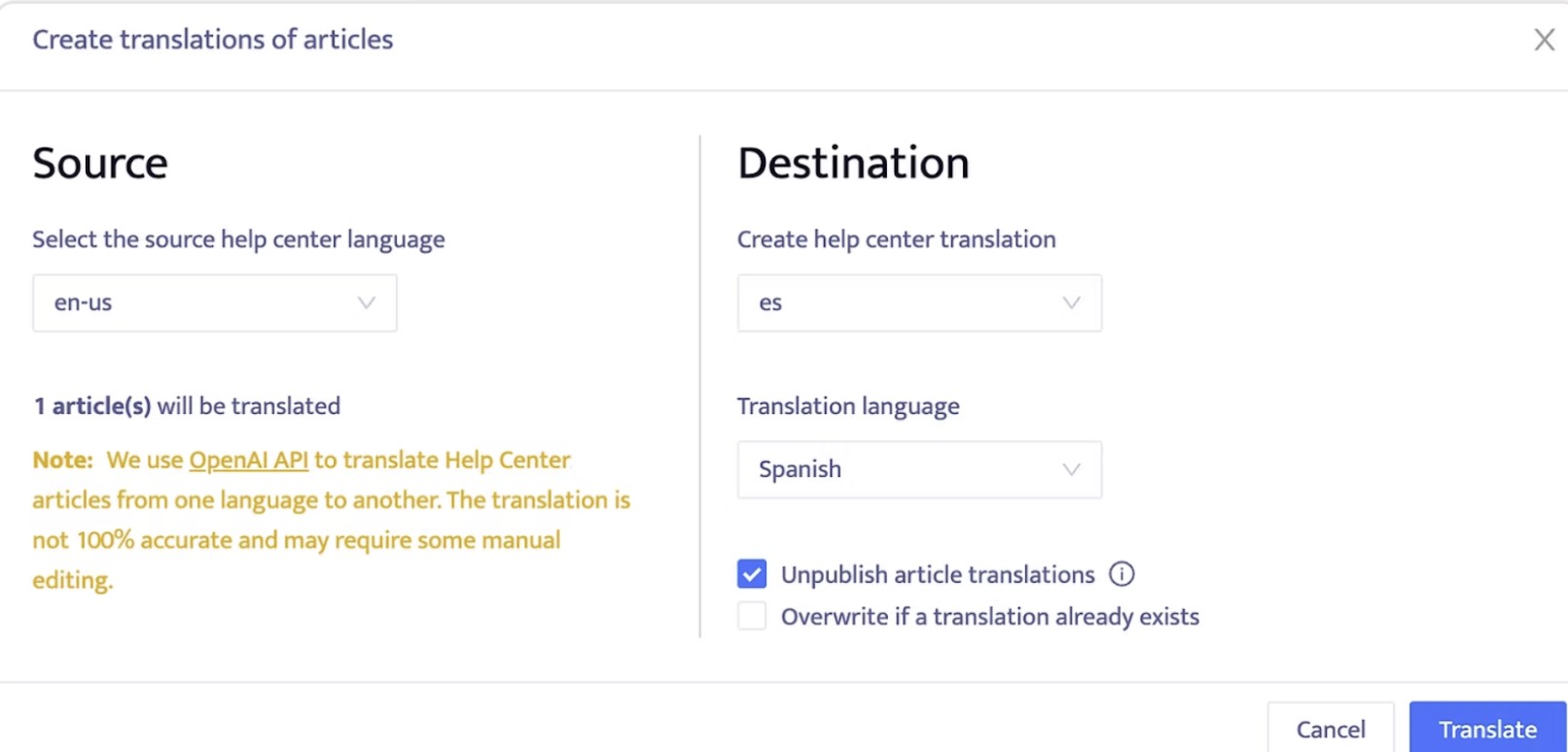Screenshot of Help Center Manager - Article Translation